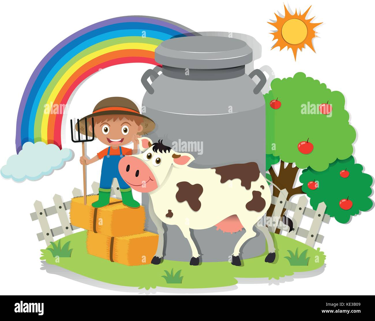 Farmer working in the farm with cow illustration Stock Vector Image ...