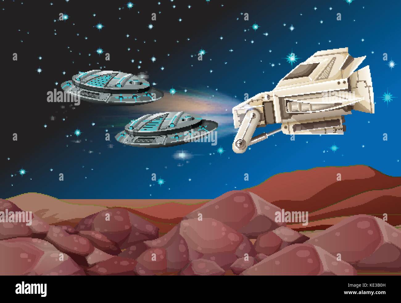 Spaceships flying over the land illustration Stock Vector Image & Art ...
