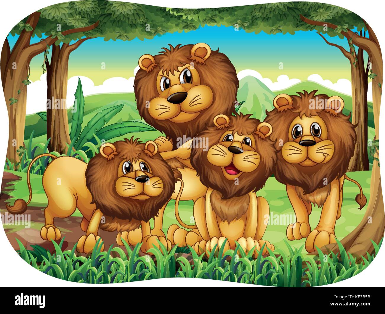 Four lions living in the forest Stock Vector