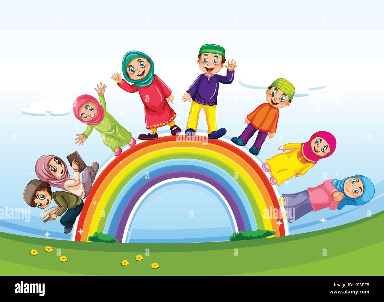Muslim family standing on rainbow illustration Stock Vector