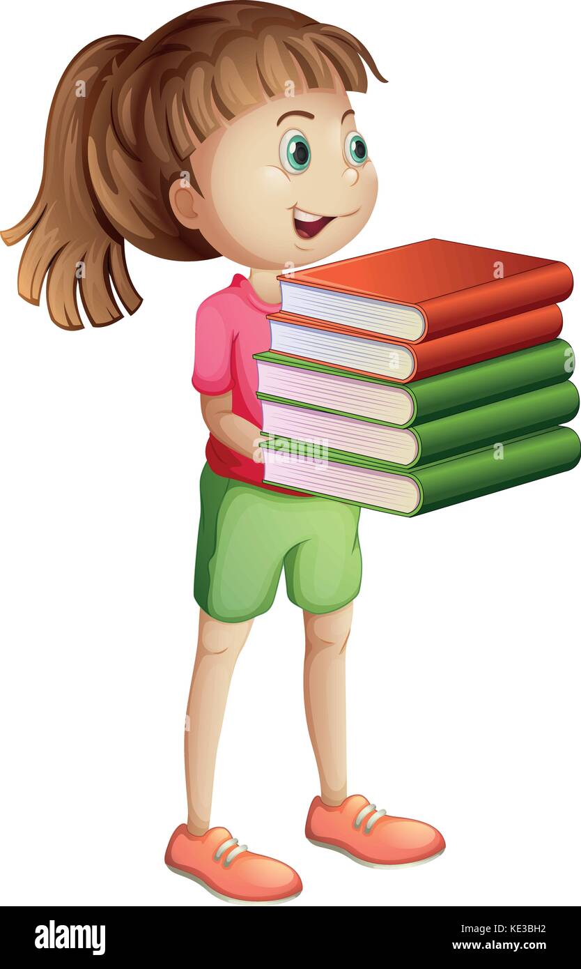 Girl carrying many books illustration Stock Vector