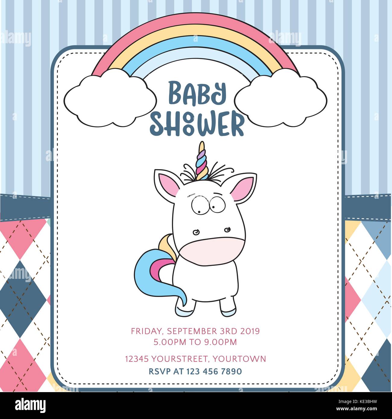 Beautiful baby shower card template with lovely baby unicorn, vector ...