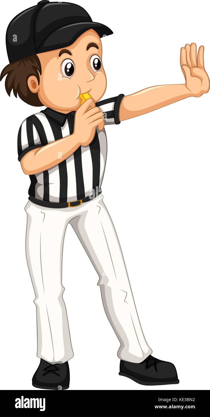 Umpire in striped uniform blowing whistle illustration Stock Vector