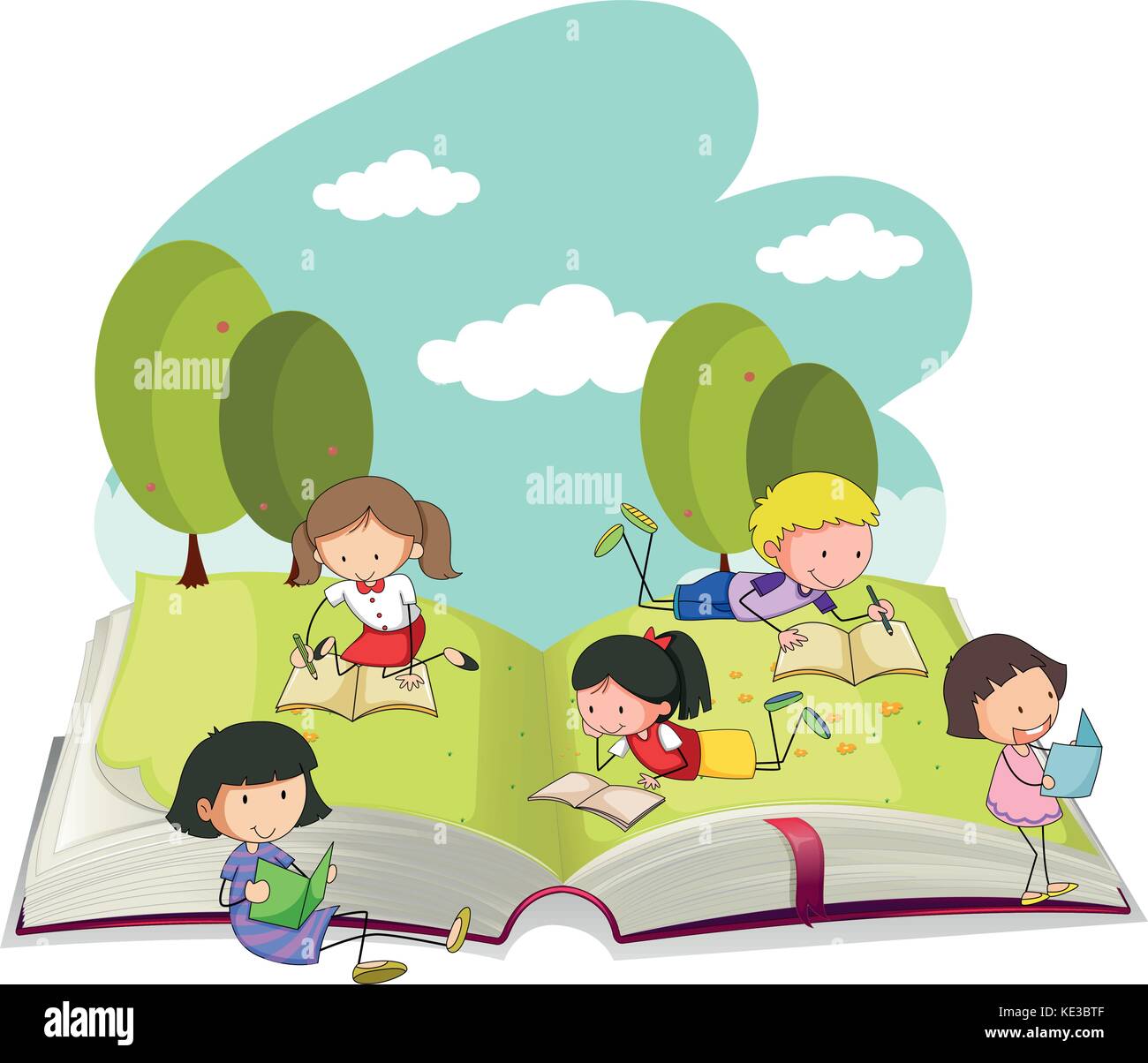 Kids reading books in the park illustration Stock Vector Image & Art