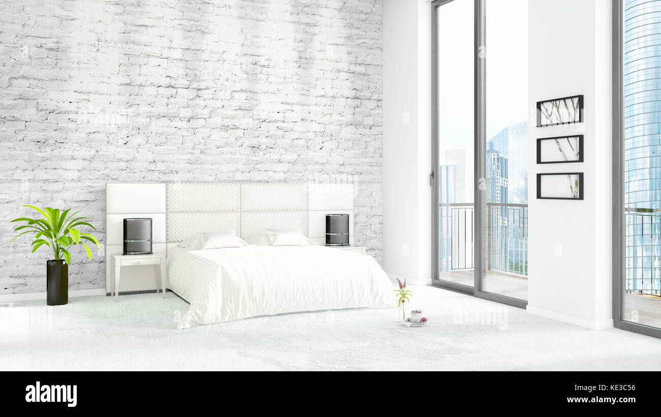 Brand new white loft bedroom minimal style interior design with ...