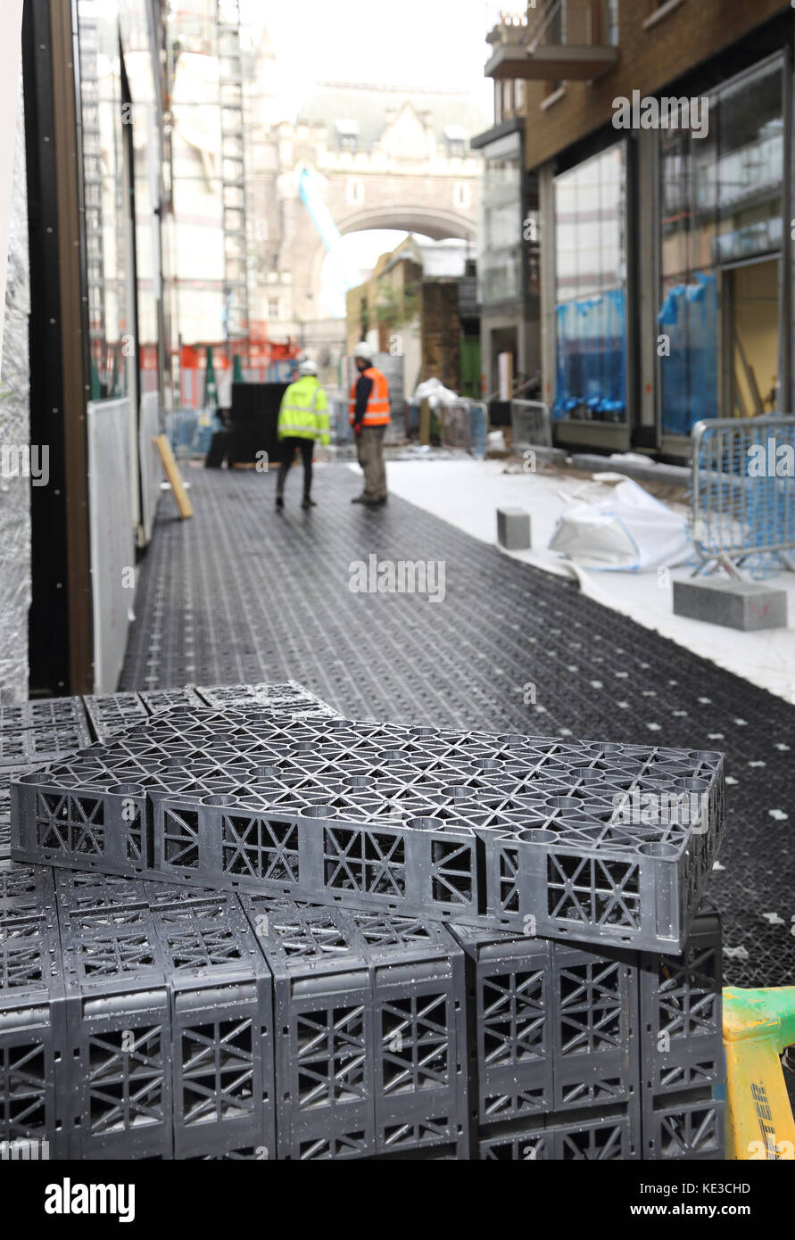 Plastic, cellular drainage blocks being installed on a central London residential development. Shows blocks in close-up in foreground. Stock Photo