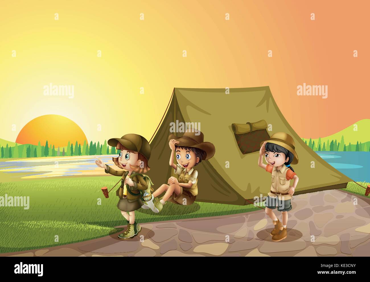 Thee kids camping out in the field illustration Stock Vector Image ...