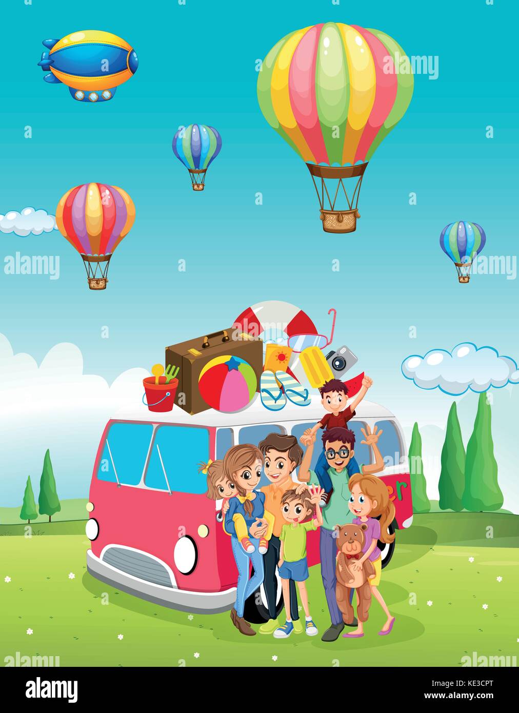 Family trip and balloons flying illustration Stock Vector Image & Art
