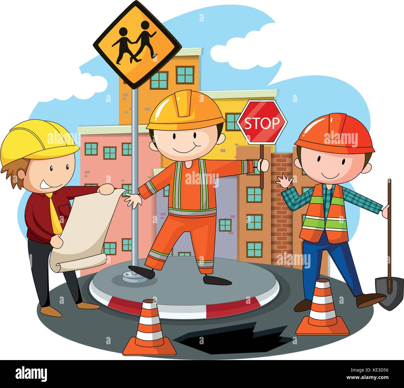 People working at the road construction illustration Stock Vector Image