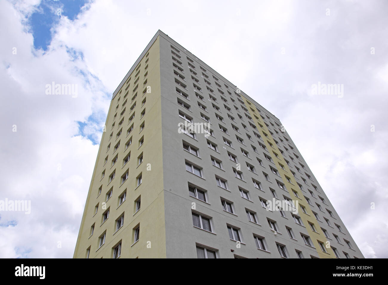 Exterior of Scott House, a newly refurbished, council-owned tower block in Enfield, North London, UK, Over-clad with a new cement render finish. Stock Photo