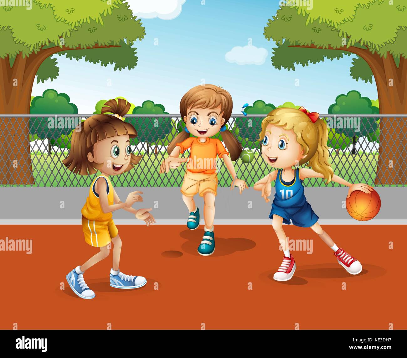 Three girls playing basketball in the court illustration Stock Vector