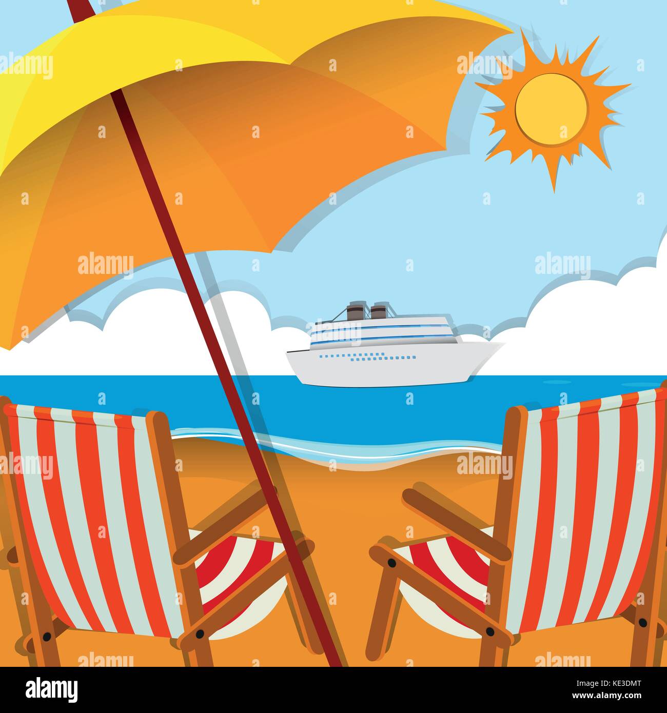 Beach scene with chairs and umbrella illustration Stock Vector Image ...
