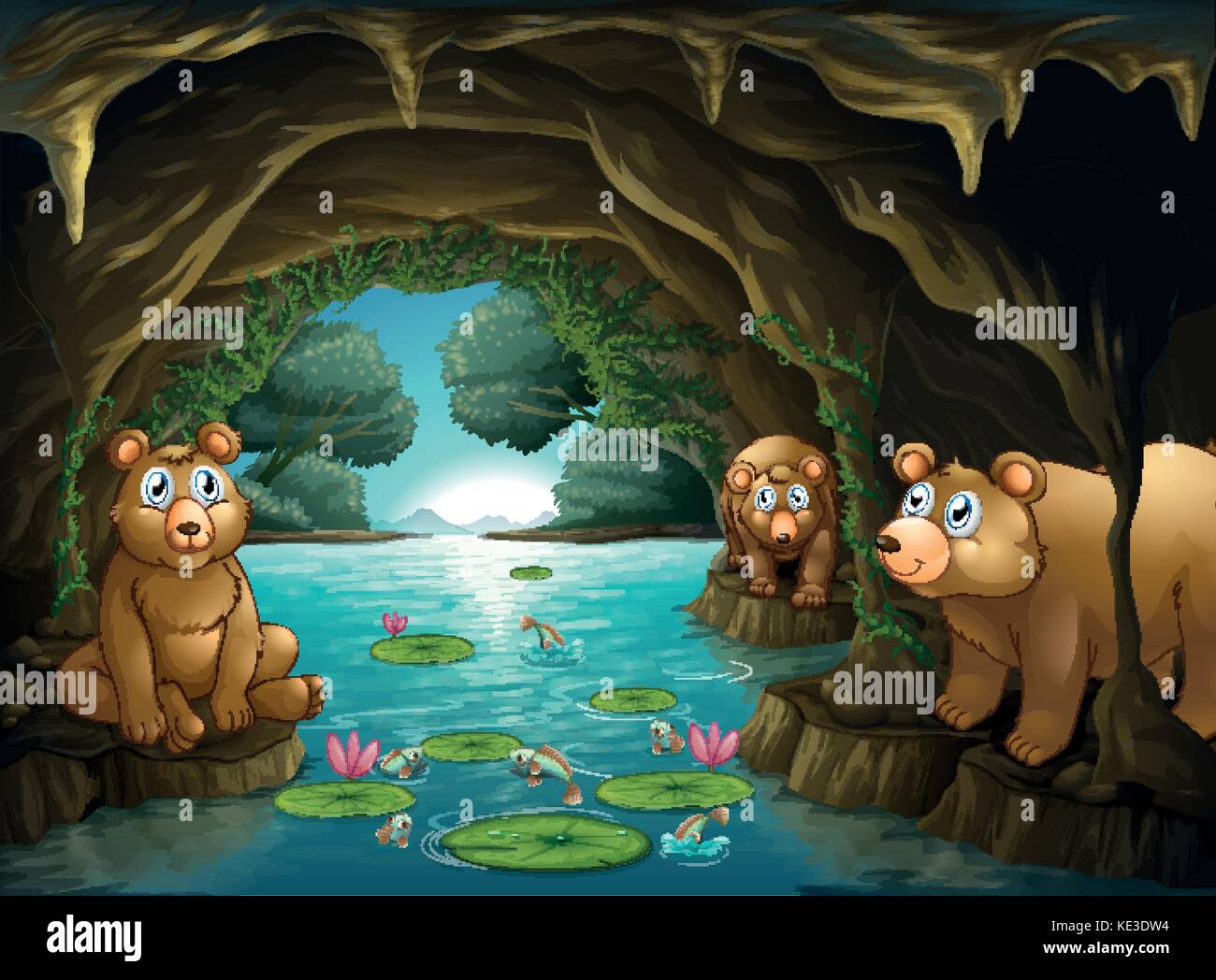 Three bears living in the cave illustration Stock Vector