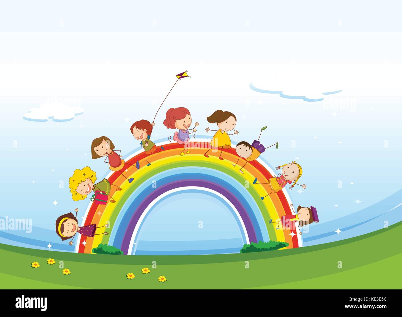 Children standing over the rainbow illustration Stock Vector Image ...
