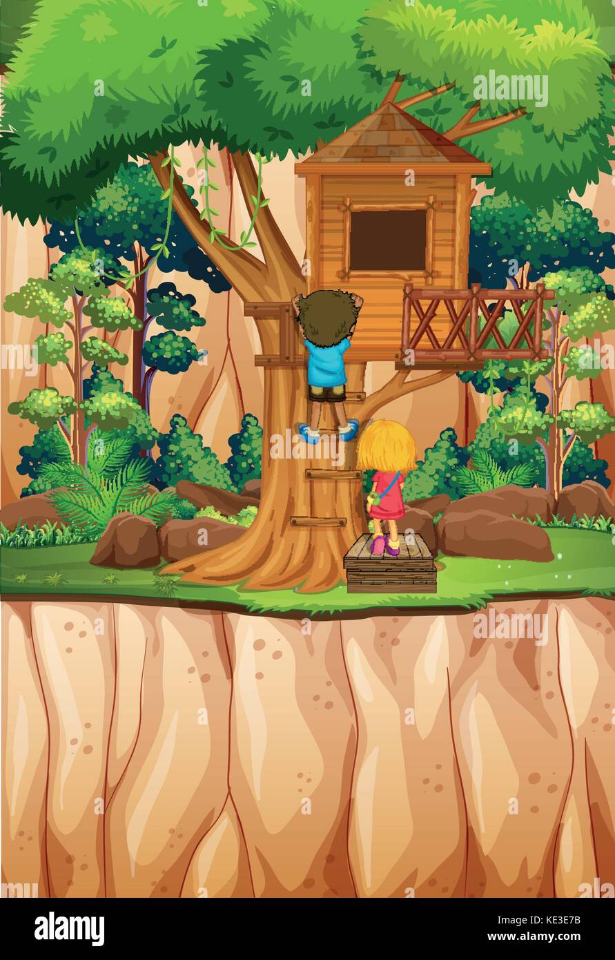 Boy and girl playing at the treehouse illustration Stock Vector Image ...