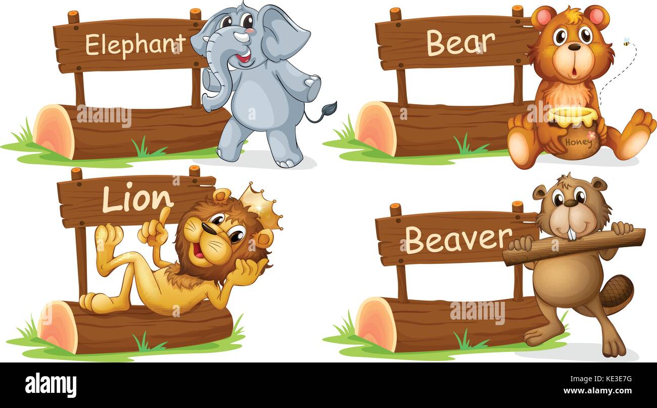 Four wild animals with wooden sign illustration Stock Vector Image ...