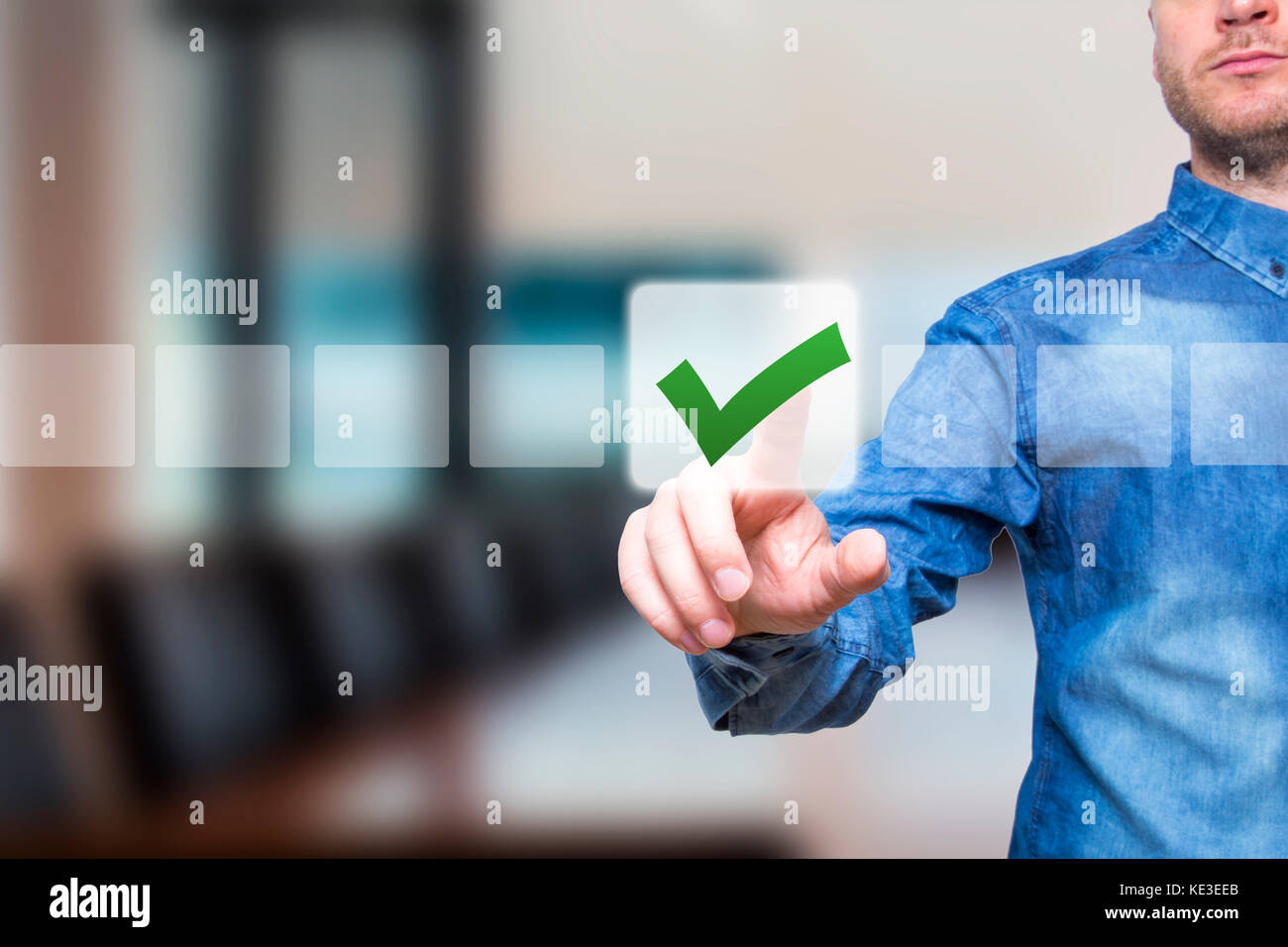 Young male hand touching, pressing modern button and ticking check box ...