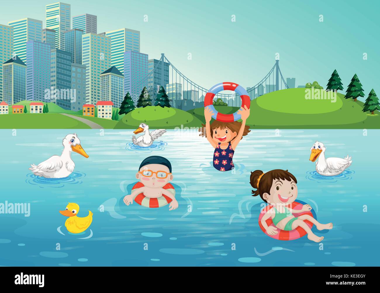 Children Swimming In The Lake Illustration Stock Vector Image Art Alamy