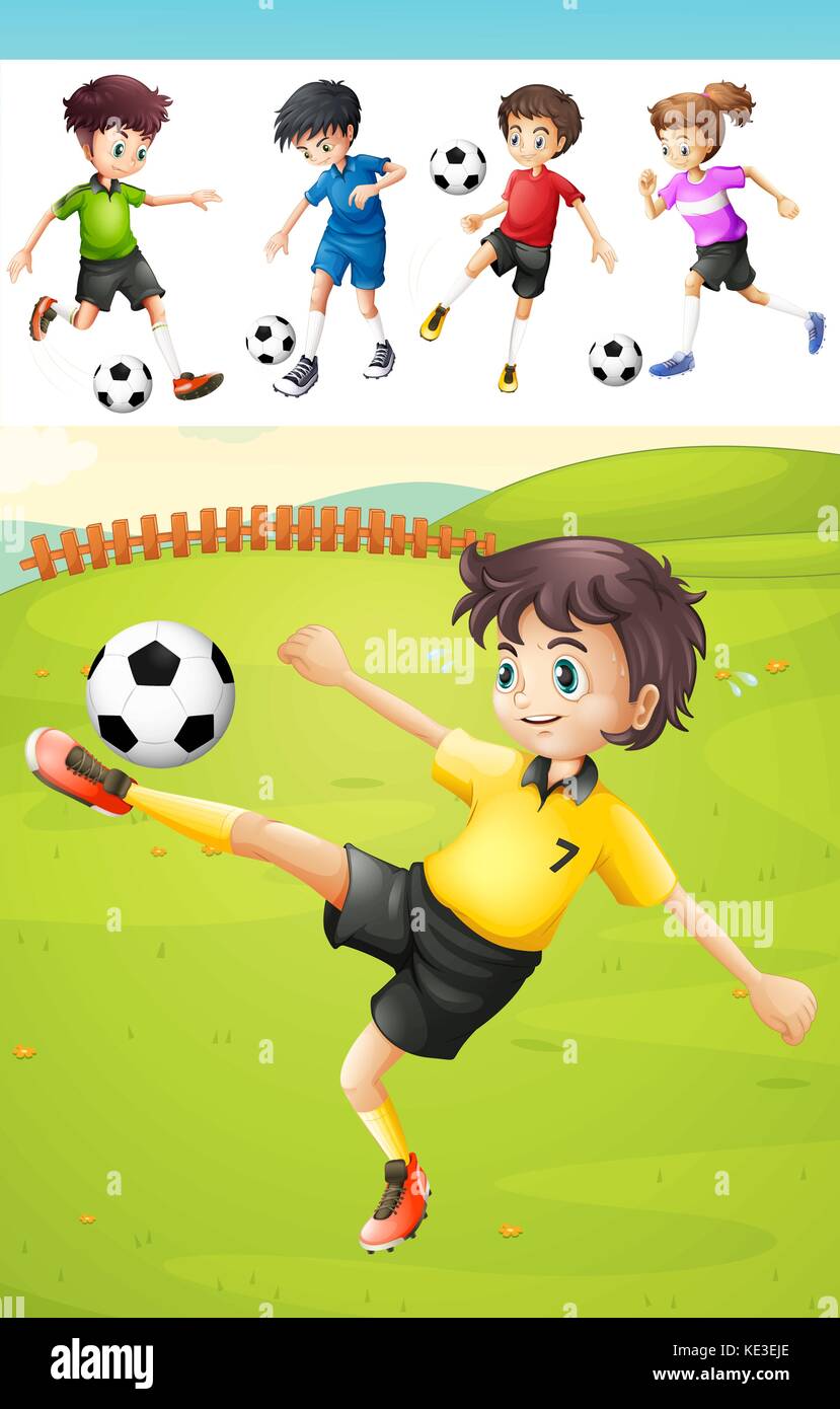 Kids Playing Football On The Lawn Illustration Stock Vector