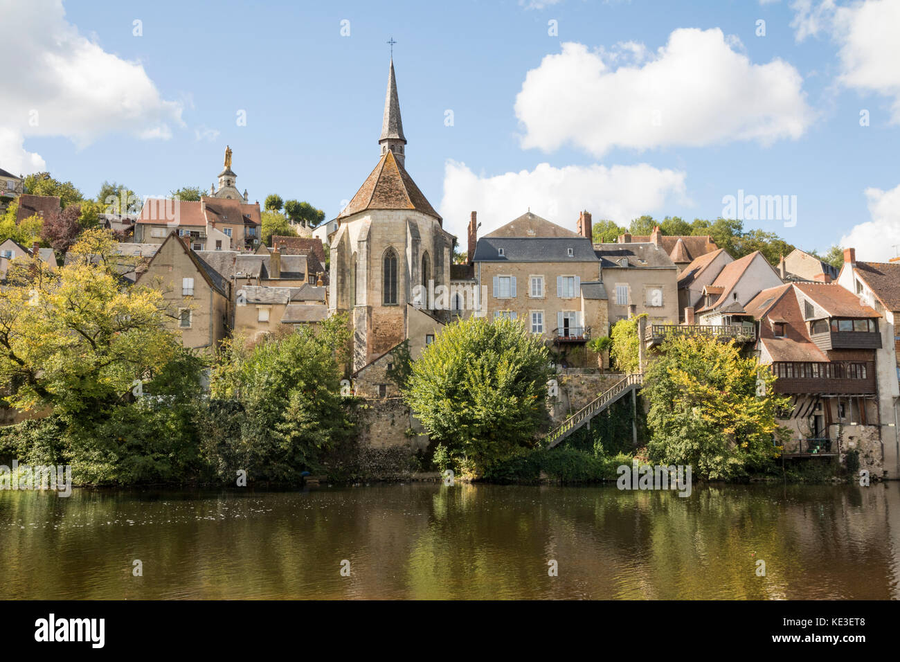 Argenton sur Creuse, Central France, church overlooking river Stock Photo