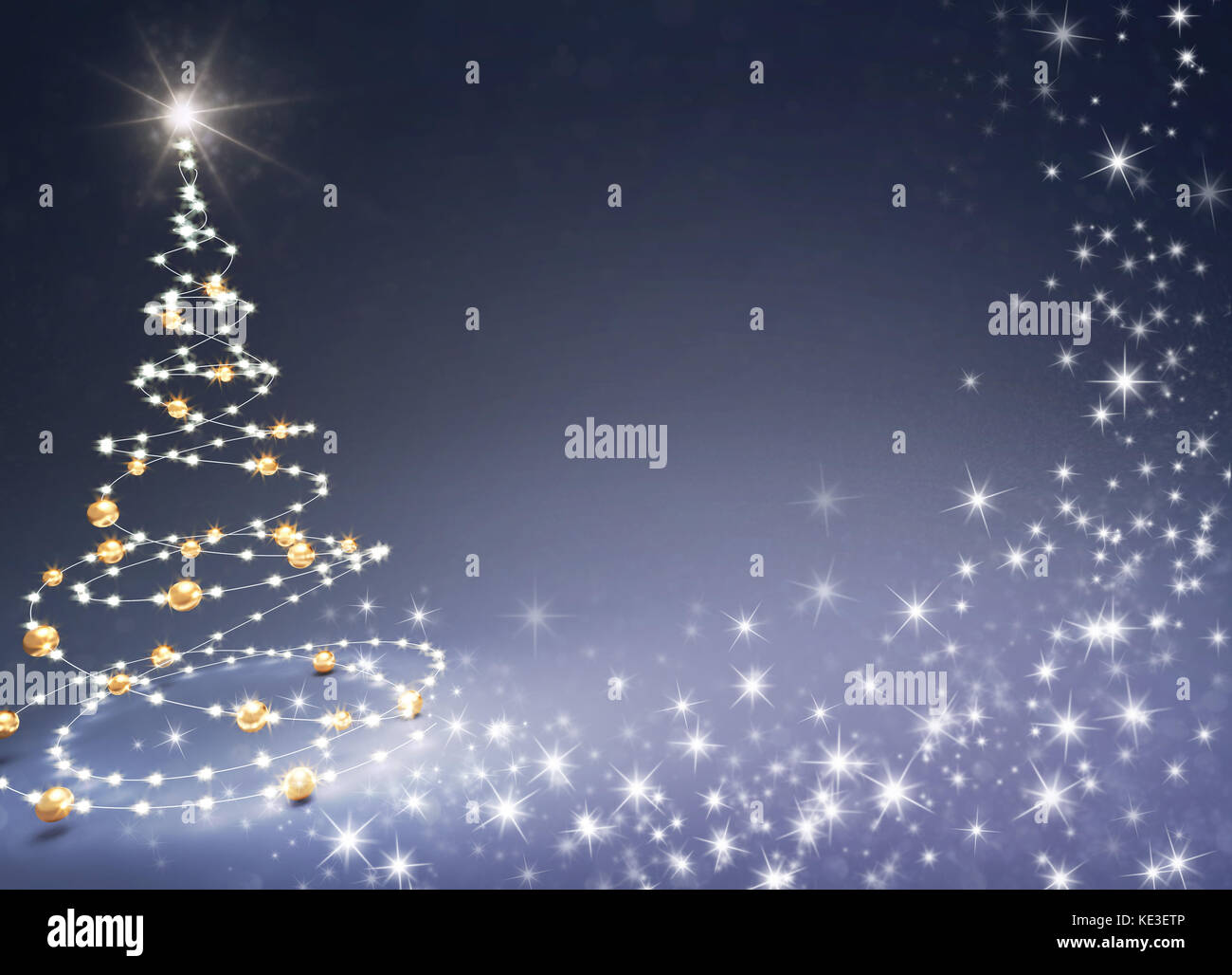 Christmas tree illustrated with light strings and gold Christmas balls on a glittering black background - 3D illustration Stock Photo