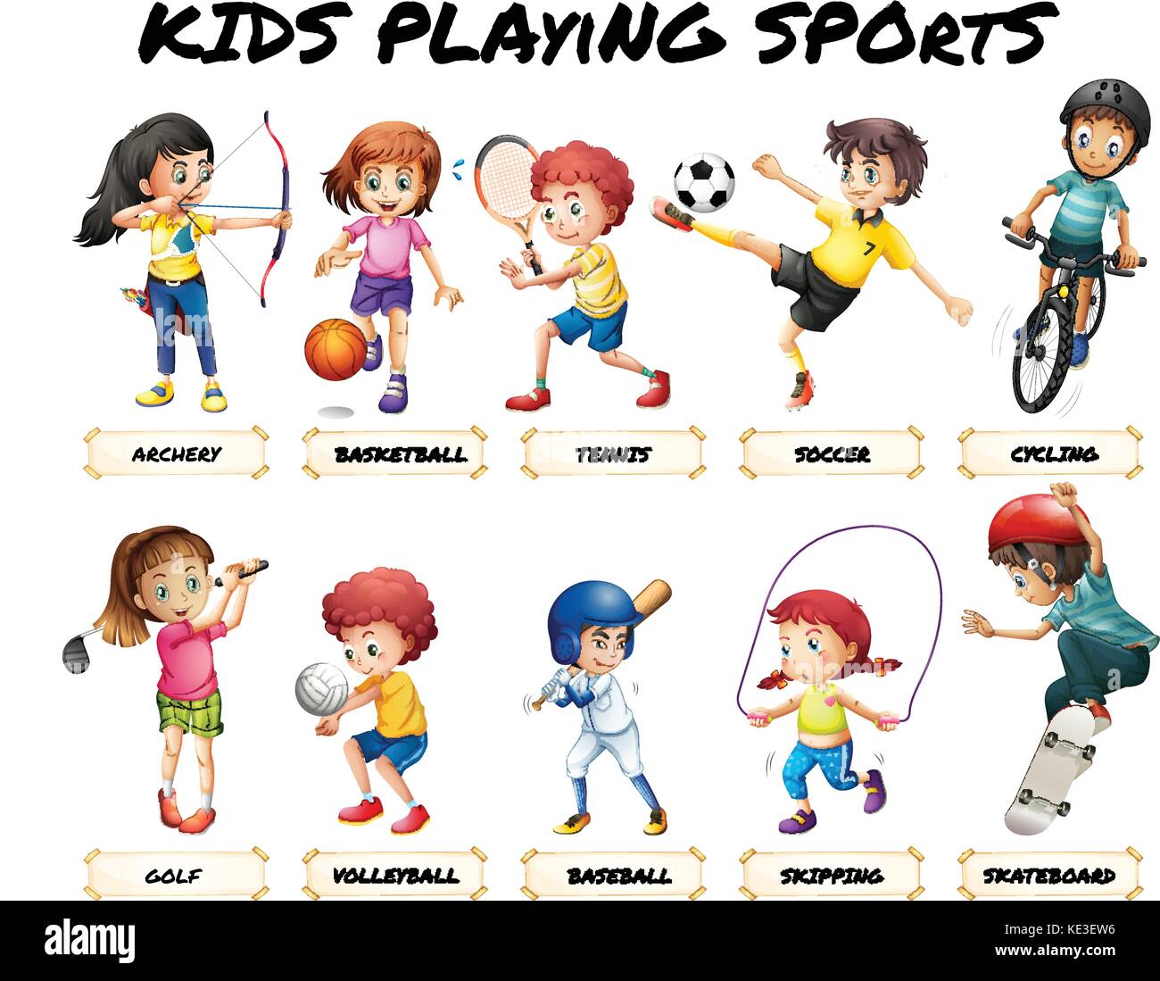 Boys and girls playing sports illustration Stock Vector