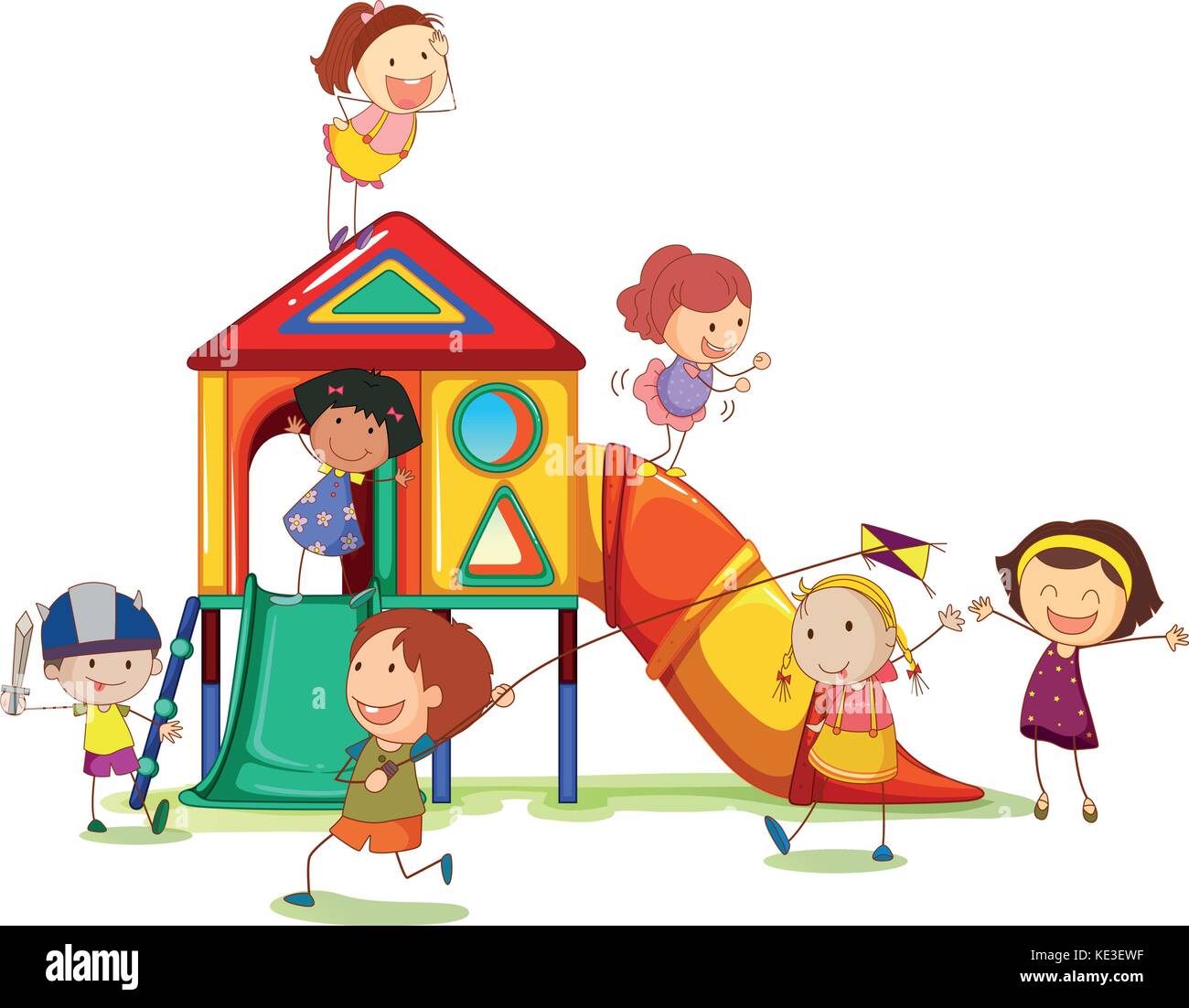 Children playing around the playhouse illustration Stock Vector