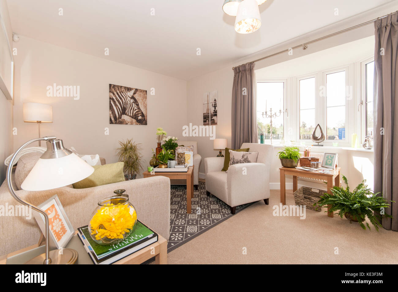 Fresh living space in new build home Stock Photo