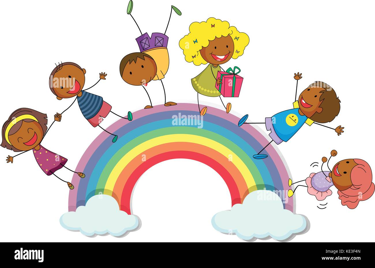 Happy children standing on rainbow illustration Stock Vector Image ...