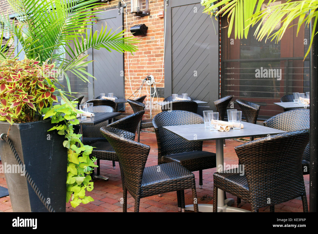 Empty tables of an open air restaurant, Old Town Alexandria, Virginia
