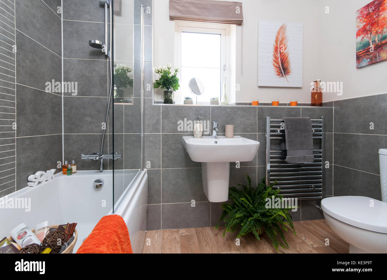 Family bathroom with grey tiles and towel radiator Stock Photo