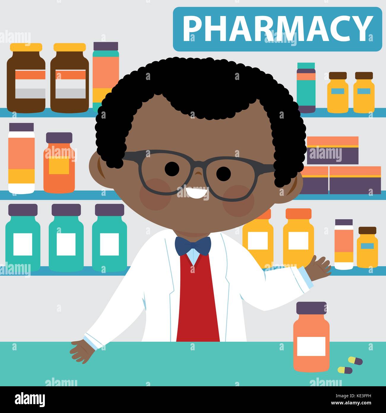 Male pharmacist at the counter in a pharmacy opposite of shelves with medicines. Vector illustration Stock Vector