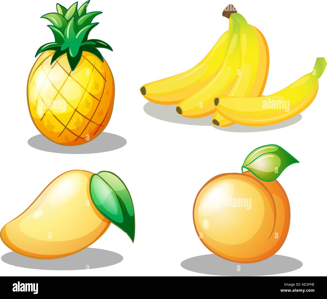Flashcard of yellow color set with four fruits on white background