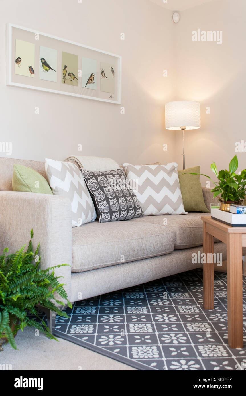 Contemporary sofa in new build show home Stock Photo Alamy