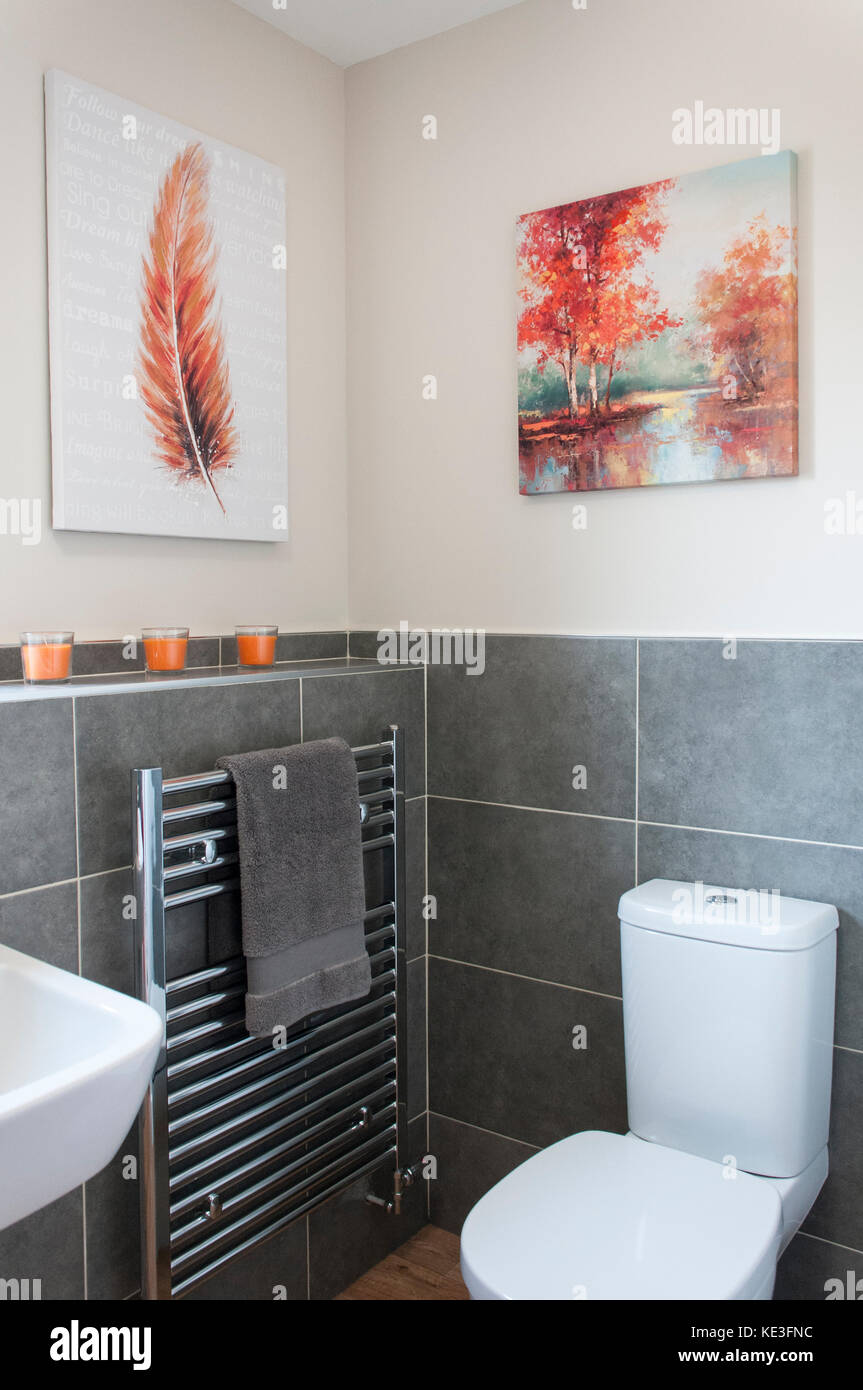 Chrome towel radiator in en-suite bathroom Stock Photo