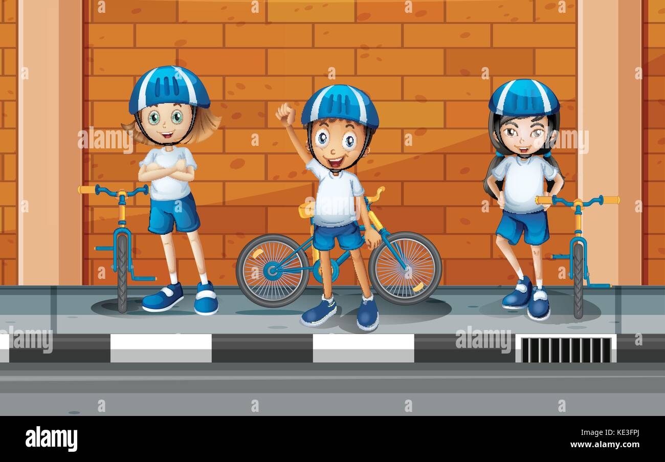 Children riding bicycle on the road illustration Stock Vector Image ...
