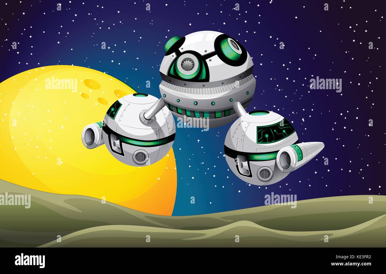 Round spaceship floating in the space illustration Stock Vector