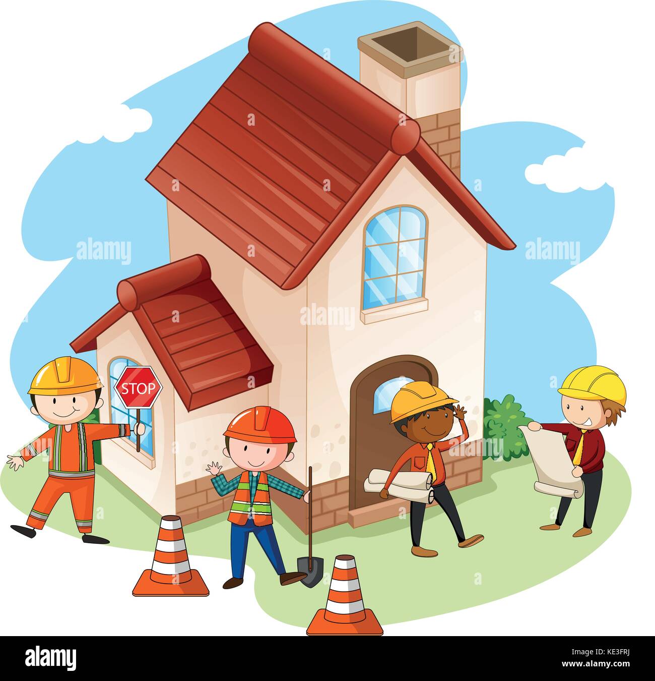 Construction workers building house illustration Stock Vector