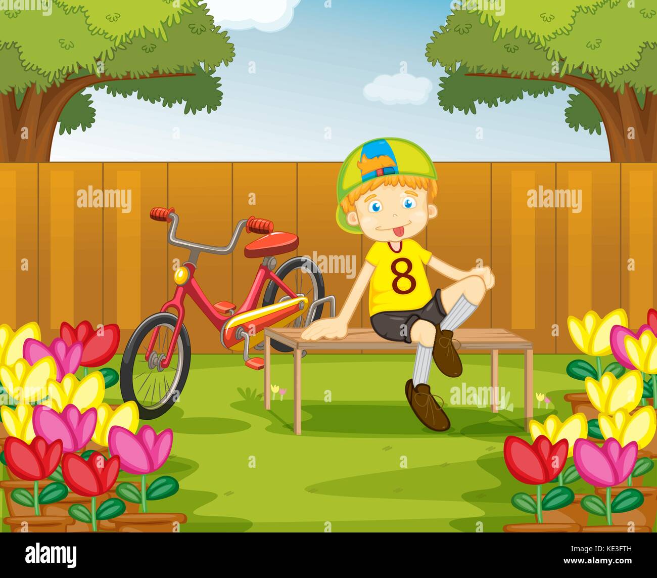 Boy and his bike in the garden illustration Stock Vector Image & Art ...
