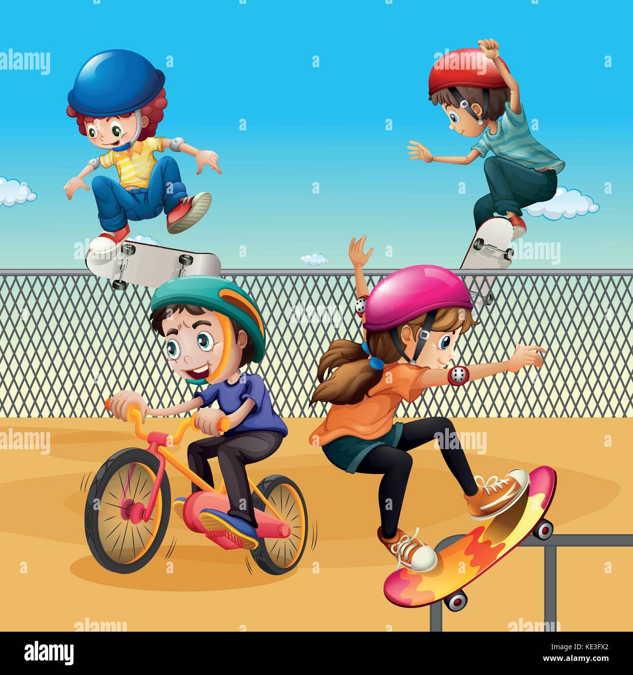 Children riding bike and skateboarding illustration Stock Vector Image ...