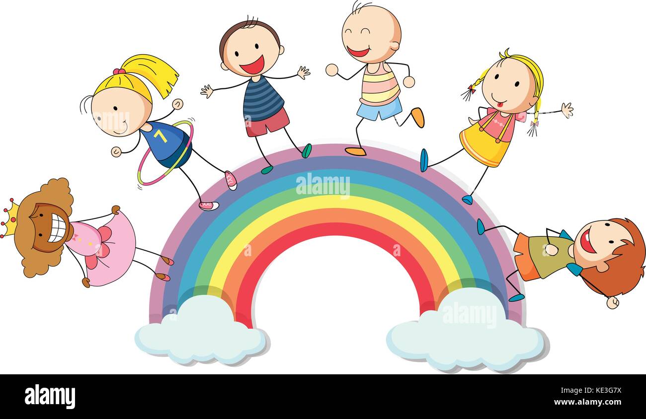 Children standing on the rainbow illustration Stock Vector Image & Art ...