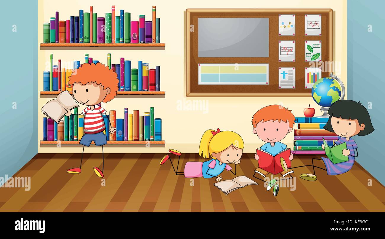 Children reading books in classroom illustration Stock Vector Image