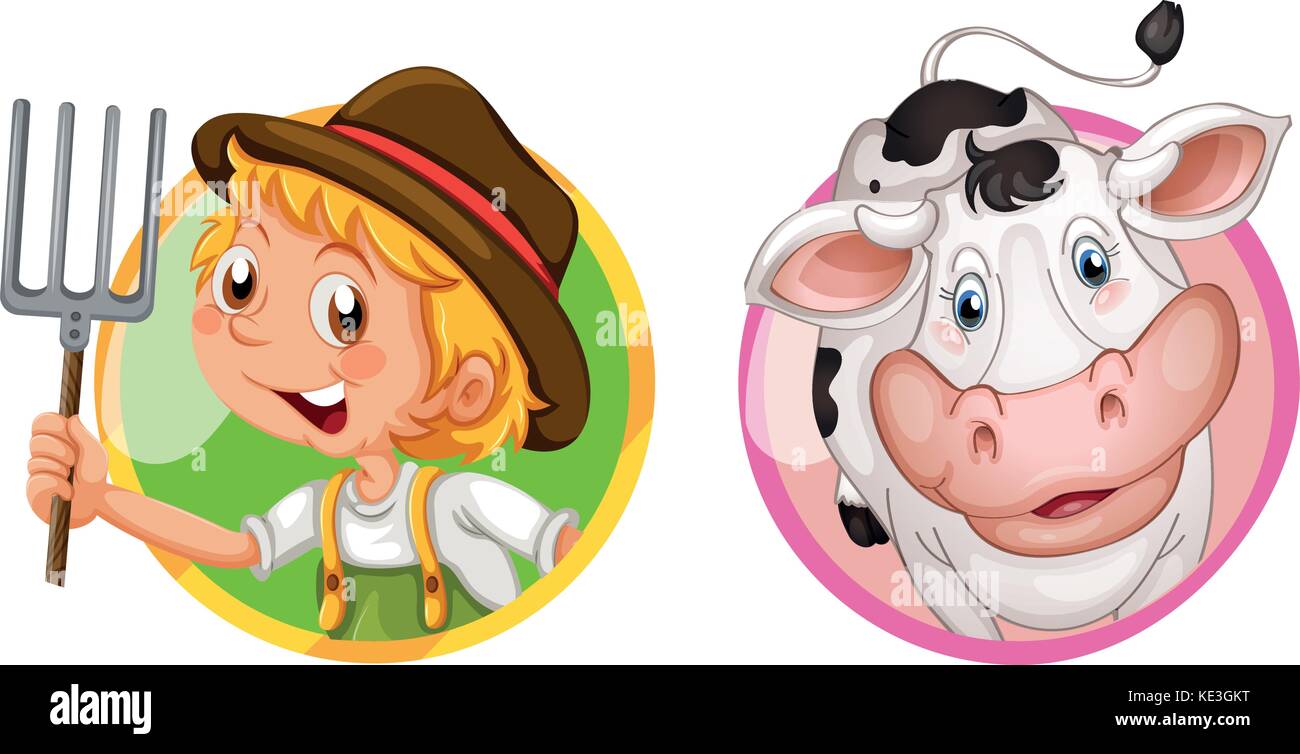 Farmer and cow on round badges illustration Stock Vector Image & Art ...