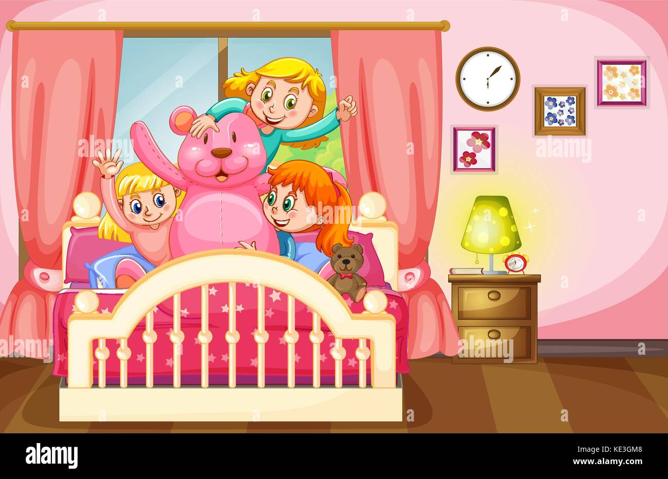 Kids and teddy bear in bedroom illustration Stock Vector Image & Art ...