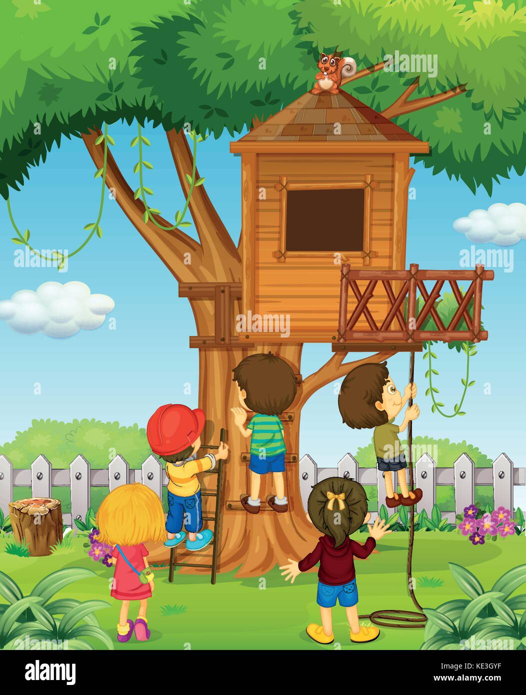 Children playing on the treehouse illustration Stock Vector