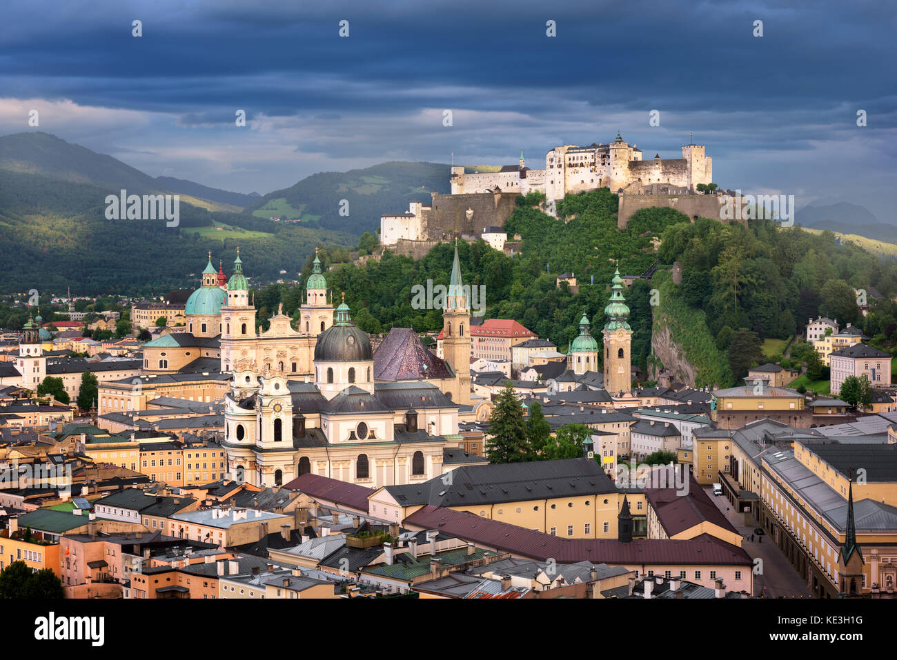 Aerial View of Salzburg in the Evening, Austria Stock Photo