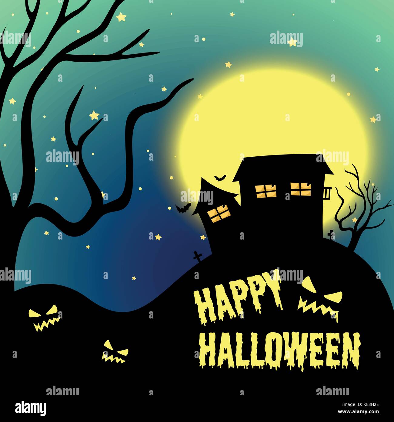 Halloween night with haunted house illustration Stock Vector