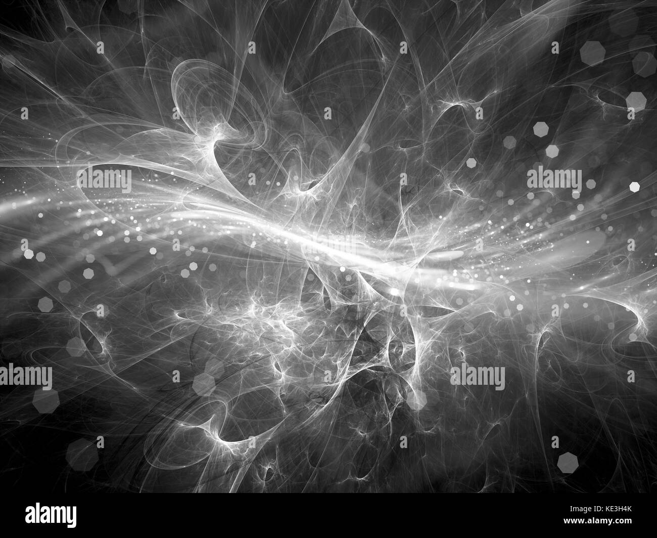 Glowing high energy plasma field in space with particles texture, black and white, computer generated abstract background, 3D rendering Stock Photo