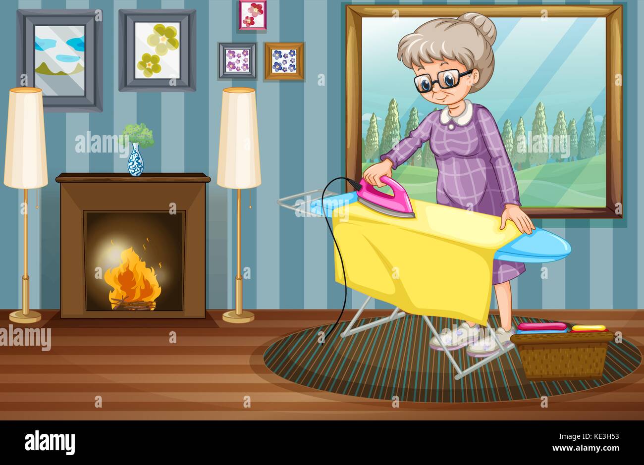 Old lady ironing clothes in the house illustration Stock Vector