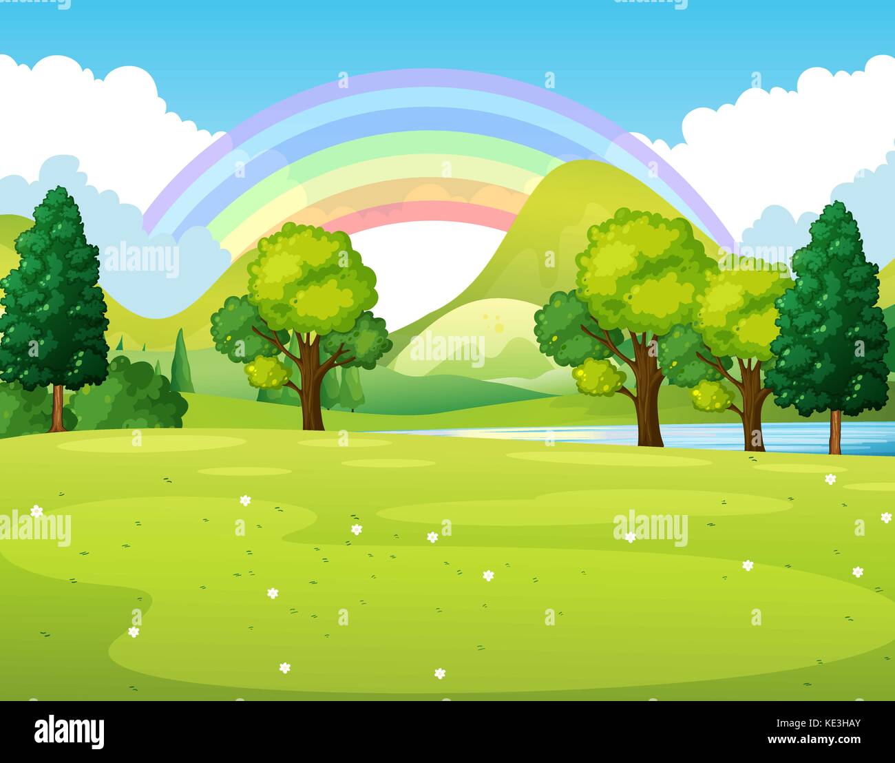 Nature scene of a park with rainbow illustration Stock Vector Image ...